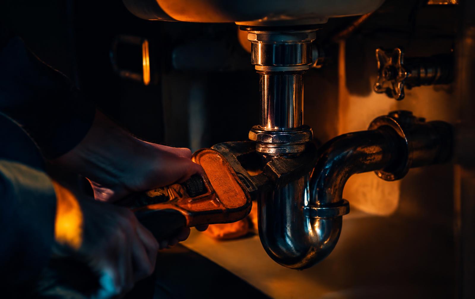 Plumber tightening a pipe fitting